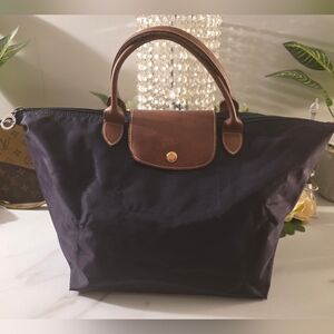 Longchamp Navy Tote with Brown Leather Trim